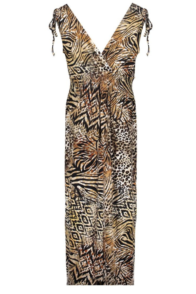 MILA JERSEY MAXI JURK MET RIJG EN SMOCK DETAILS 57367 60 000775 BROWN/BLACK
